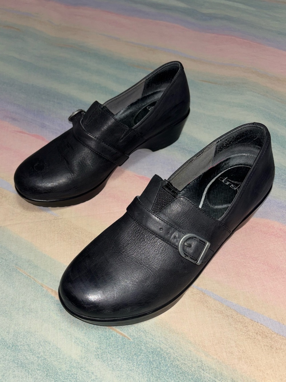 Dansko Jane Black Leather Slip-on Clog Buckle Accent size 41